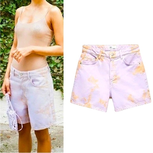 Zara Retro Tie Dye Purple Orange Denim High Rise Baggy Jean Shorts Size US 4 - Picture 1 of 15